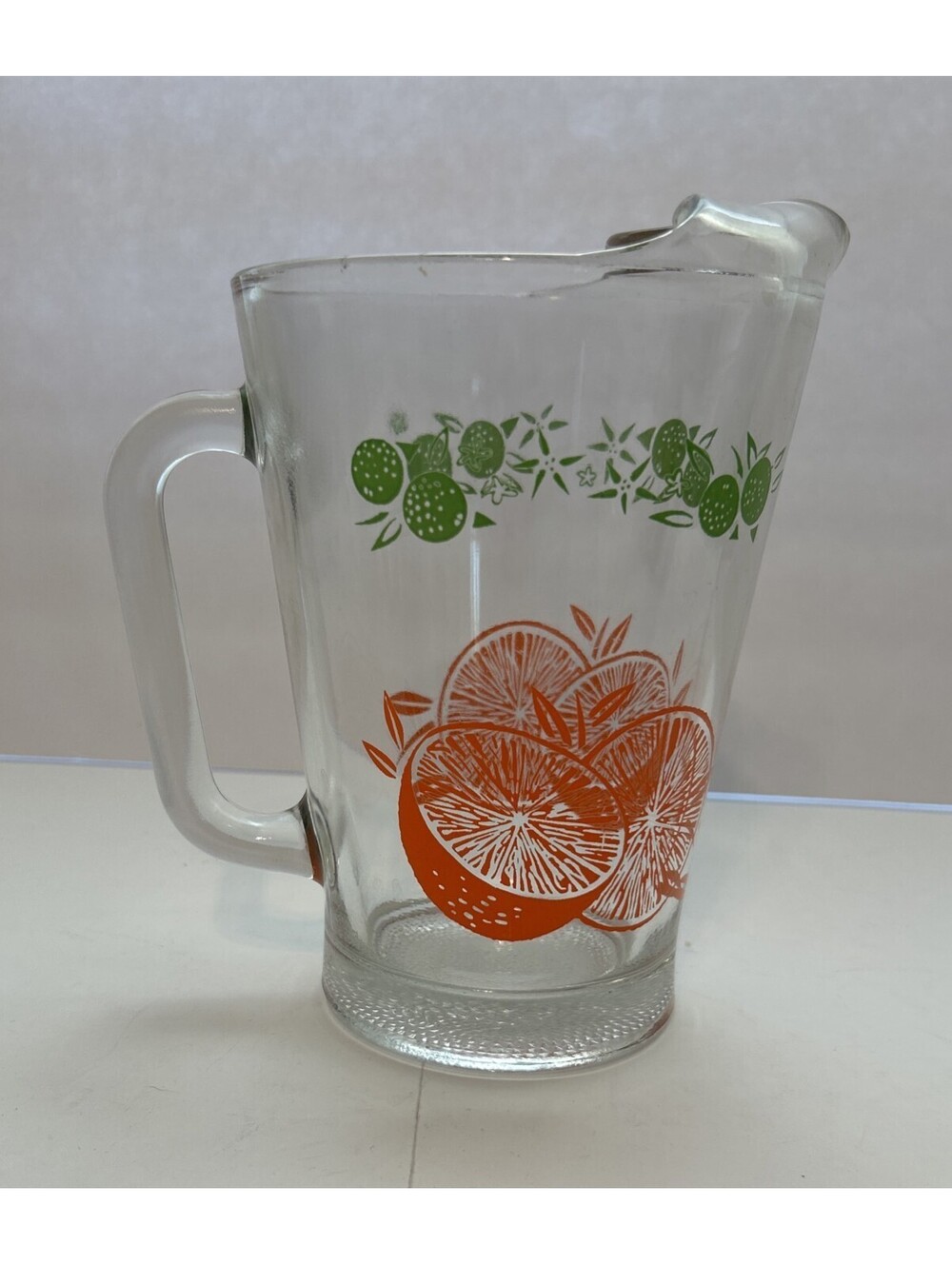 VTG Glass Citrus Pitcher Orange Green Fruit Juice Retro 1970's 7" Tall